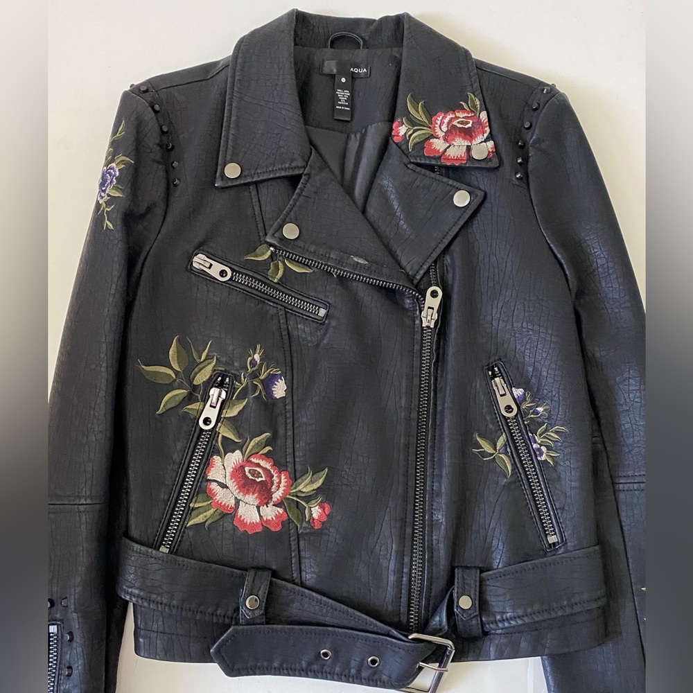 Aqua Bloomingdale’s Exclusive Embroidered Floral Black Biker Jacket BNWT Size M